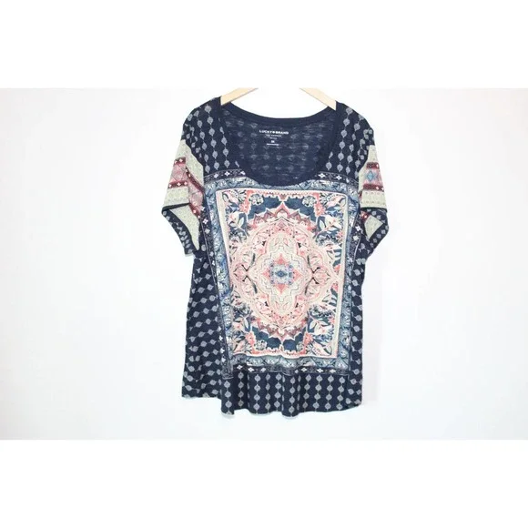 Lucky Brand Persian Carpet Tee Short Sleeve Top Navy Women's Size 3X H14384 - Picture 2 of 9